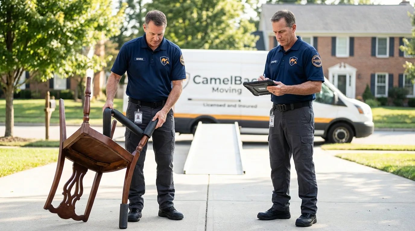 Movers inspecting furniture for damage prevention before loading in Chase City, VA
