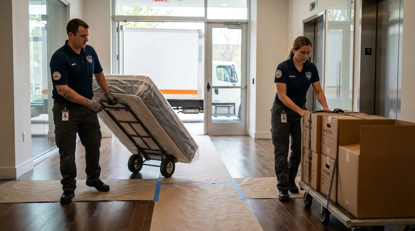 Professional apartment movers loading elevator in Chase City, VA