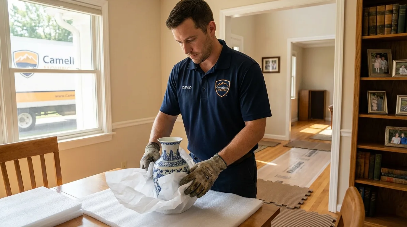 Professional crew carefully wrapping antique vase for senior downsizing move in Chase City, VA